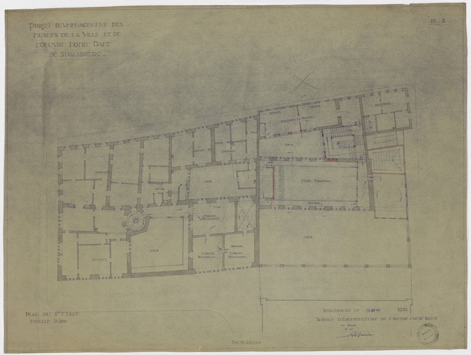 Projet d'aménagement des musées, plan de masse du premier étage.