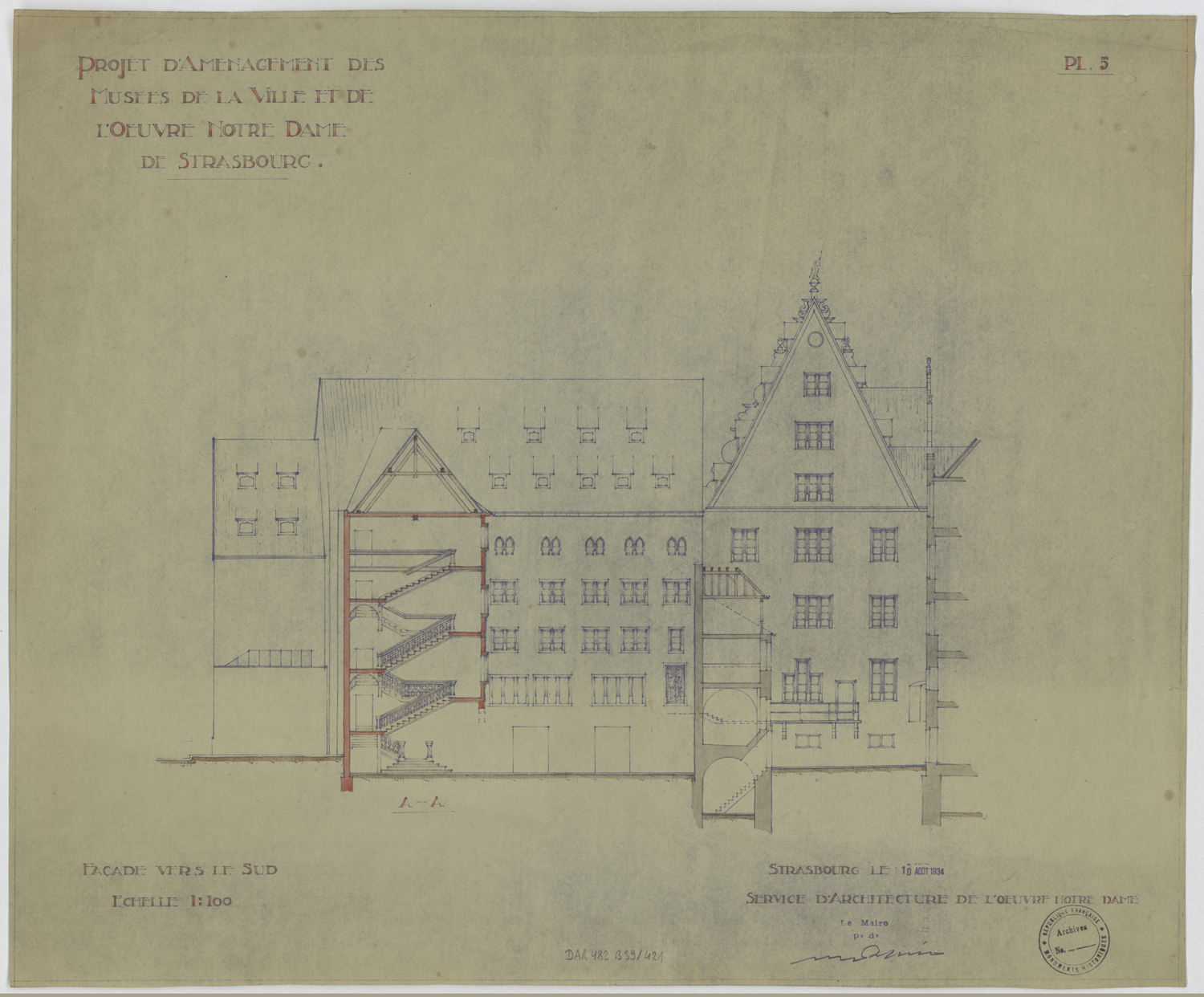 Projet d'aménagement des musées, coupe transversale sur la façade sud.