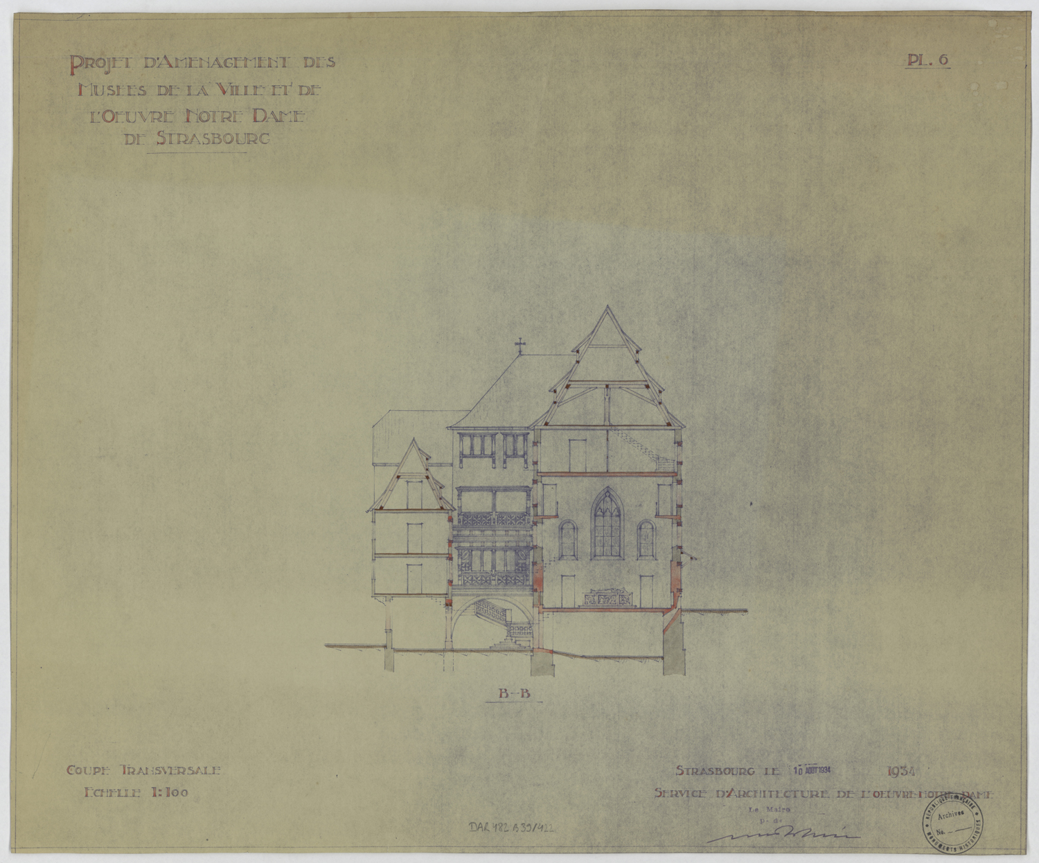 Projet d'aménagement des musées, coupe transversale sur la cour secondaire et l’ancien hôtel du Cerf.