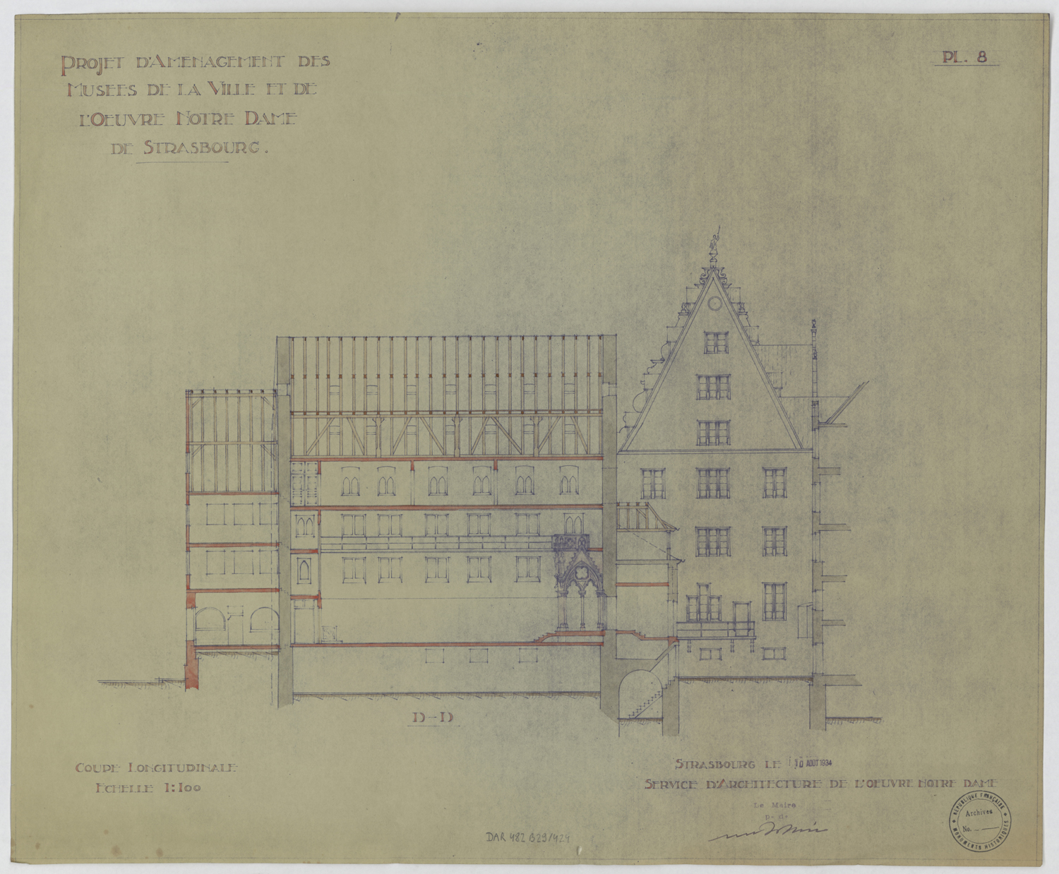 Coupe longitudinale sur la cour secondaire et l’ancien hôtel du Cerf, 