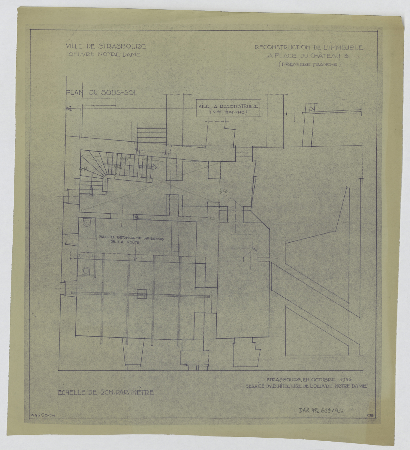 Projet de reconstruction, plan de masse du sous-sol.