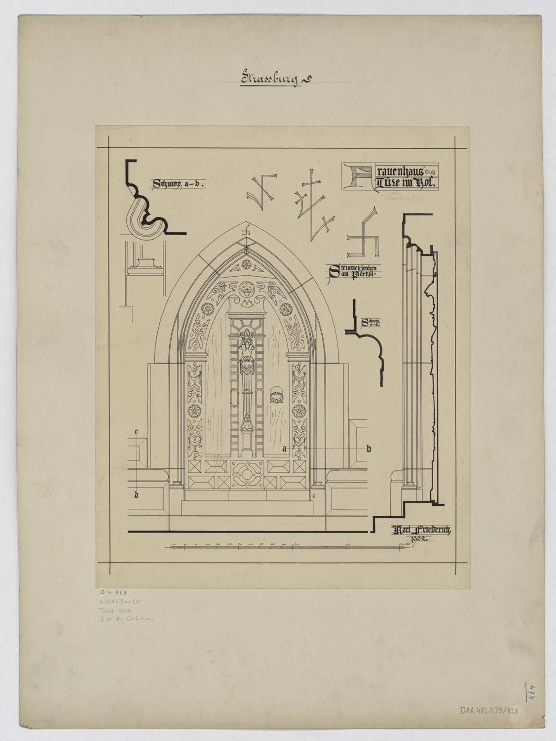 Bâtiment ouest, élévation, coupe, profils et détails de la porte donnant sur la cour principale.