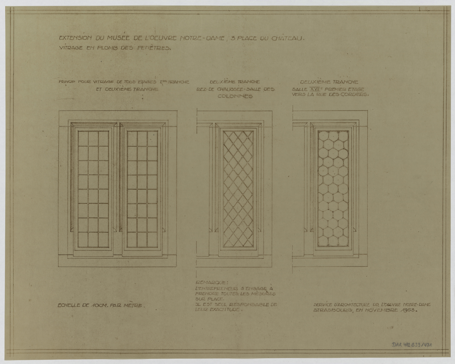 Travaux d’extension du musée, modèles de vitrage en plomb.