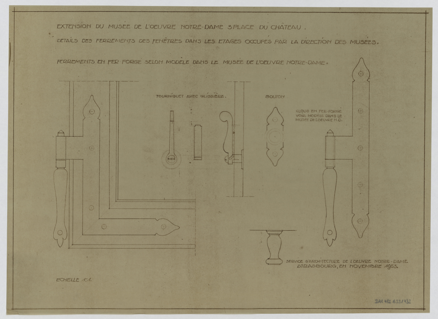 Travaux d’extension du musée, détails des ferrements. 