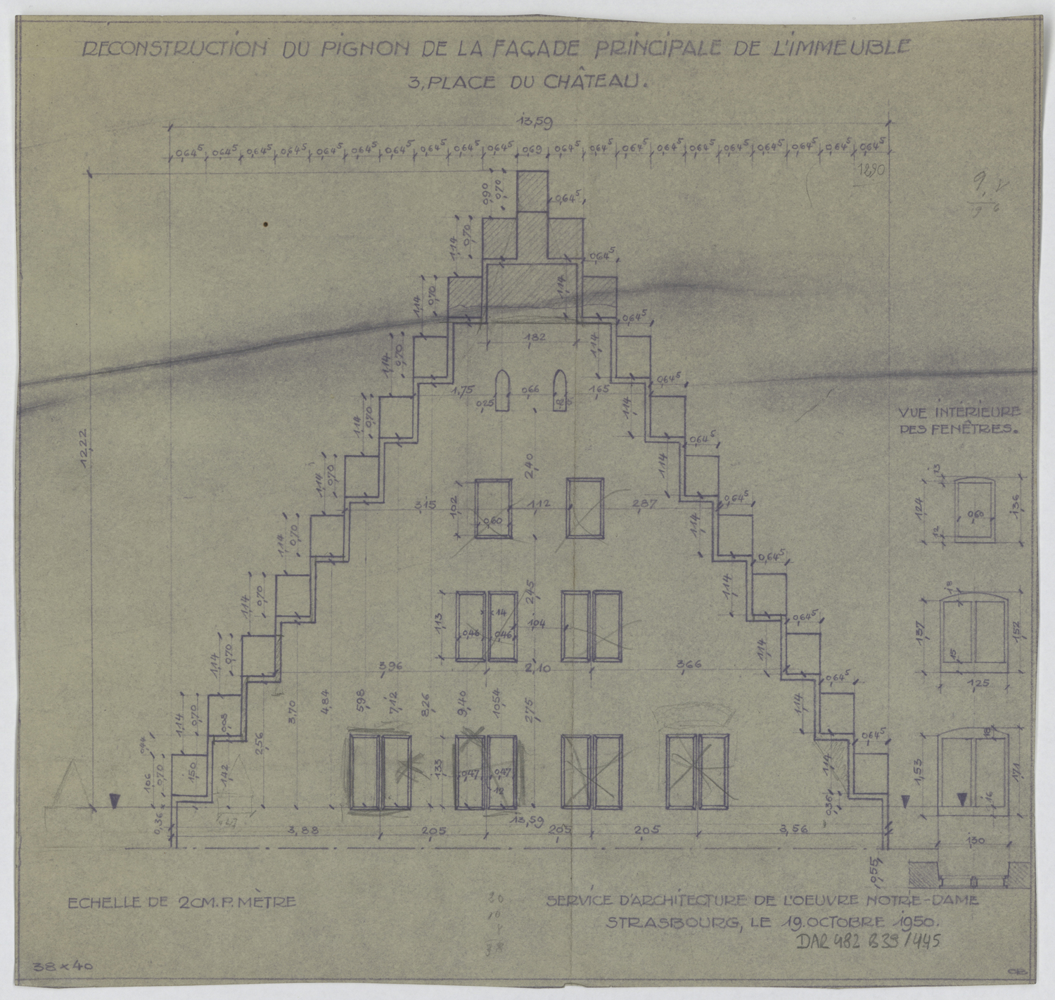 Reconstruction du pignon de la façade nord du bâtiment est, élévation et vues intérieures des fenêtres.