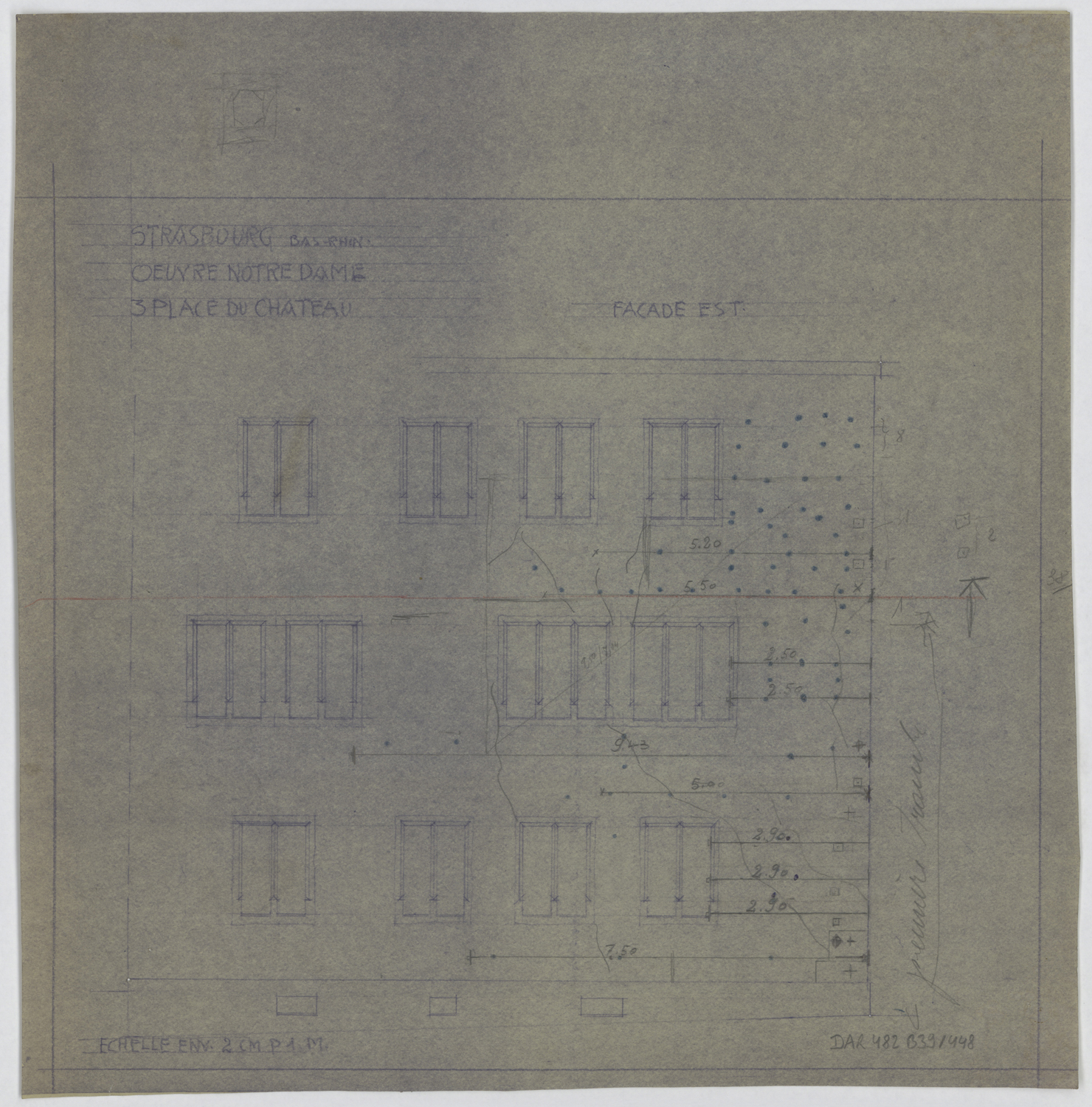 Reconstruction de la façade est du bâtiment est, élévation.