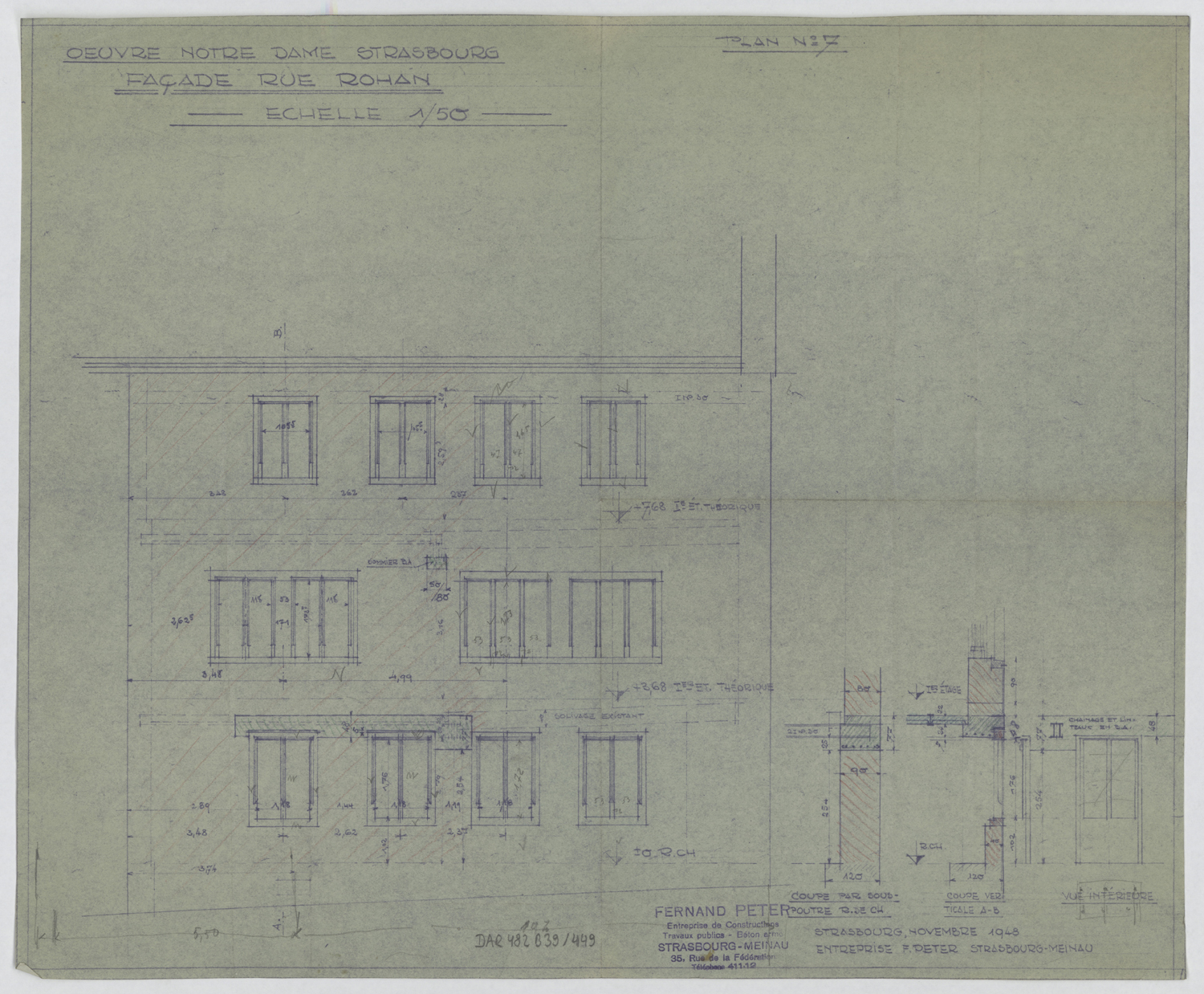 Reconstruction de la façade est du bâtiment est, élévations, coupes et détail.