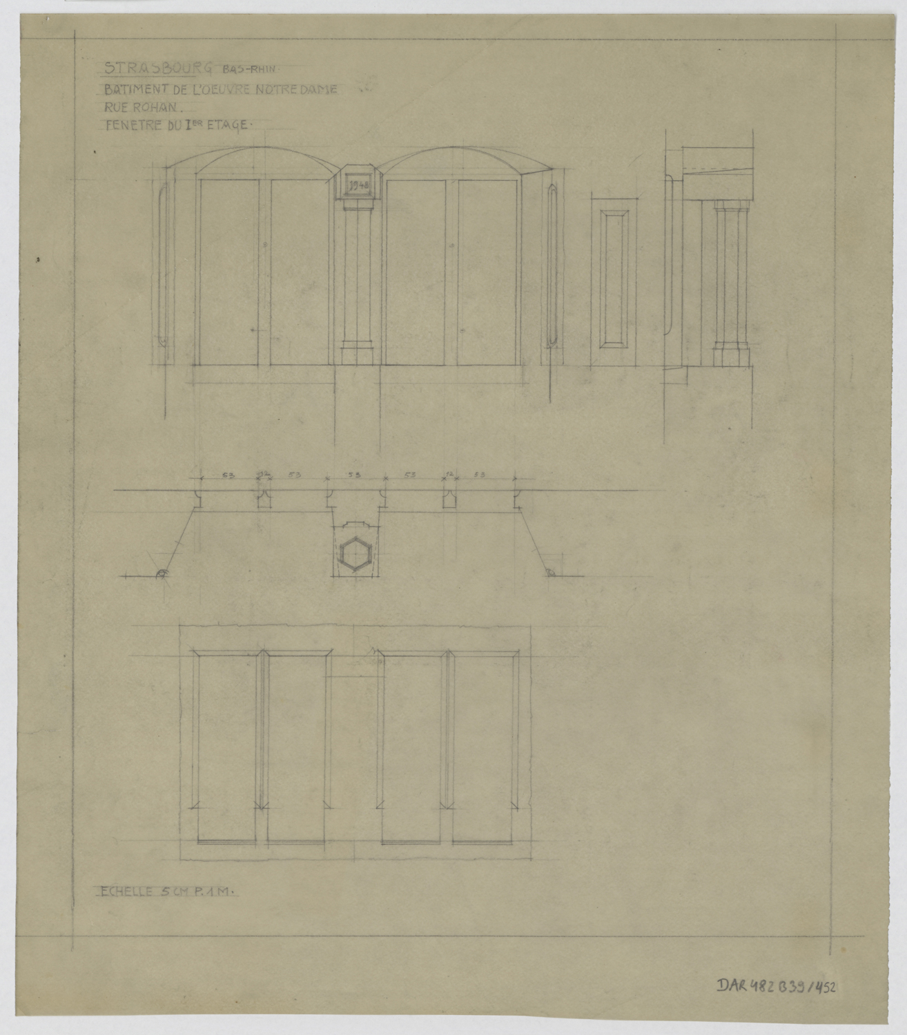 Bâtiment est, élévations et plan des façades du premier étage de la façade ouest.