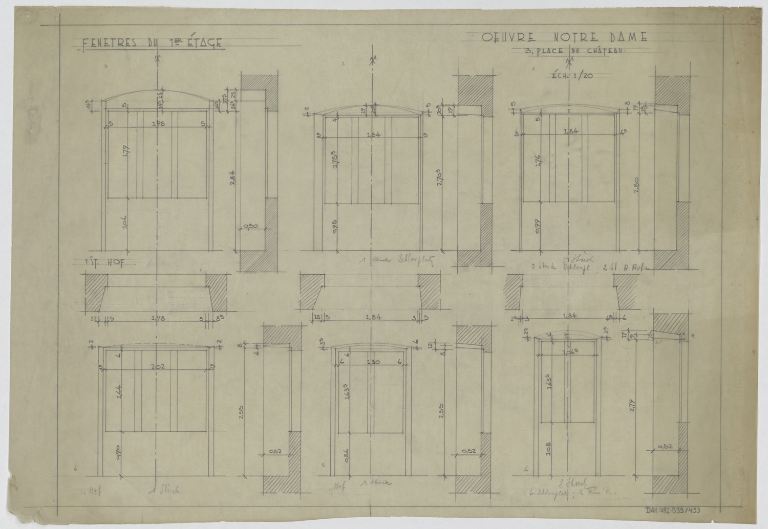 Bâtiment est, plans, élévations et coupes des façades du premier étage.