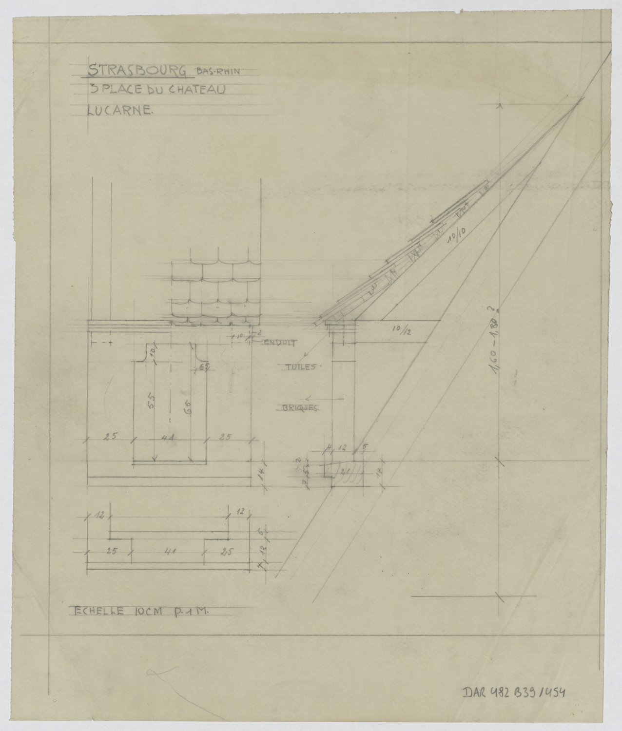 Bâtiment est, plan, élévation et coupe des lucarnes.