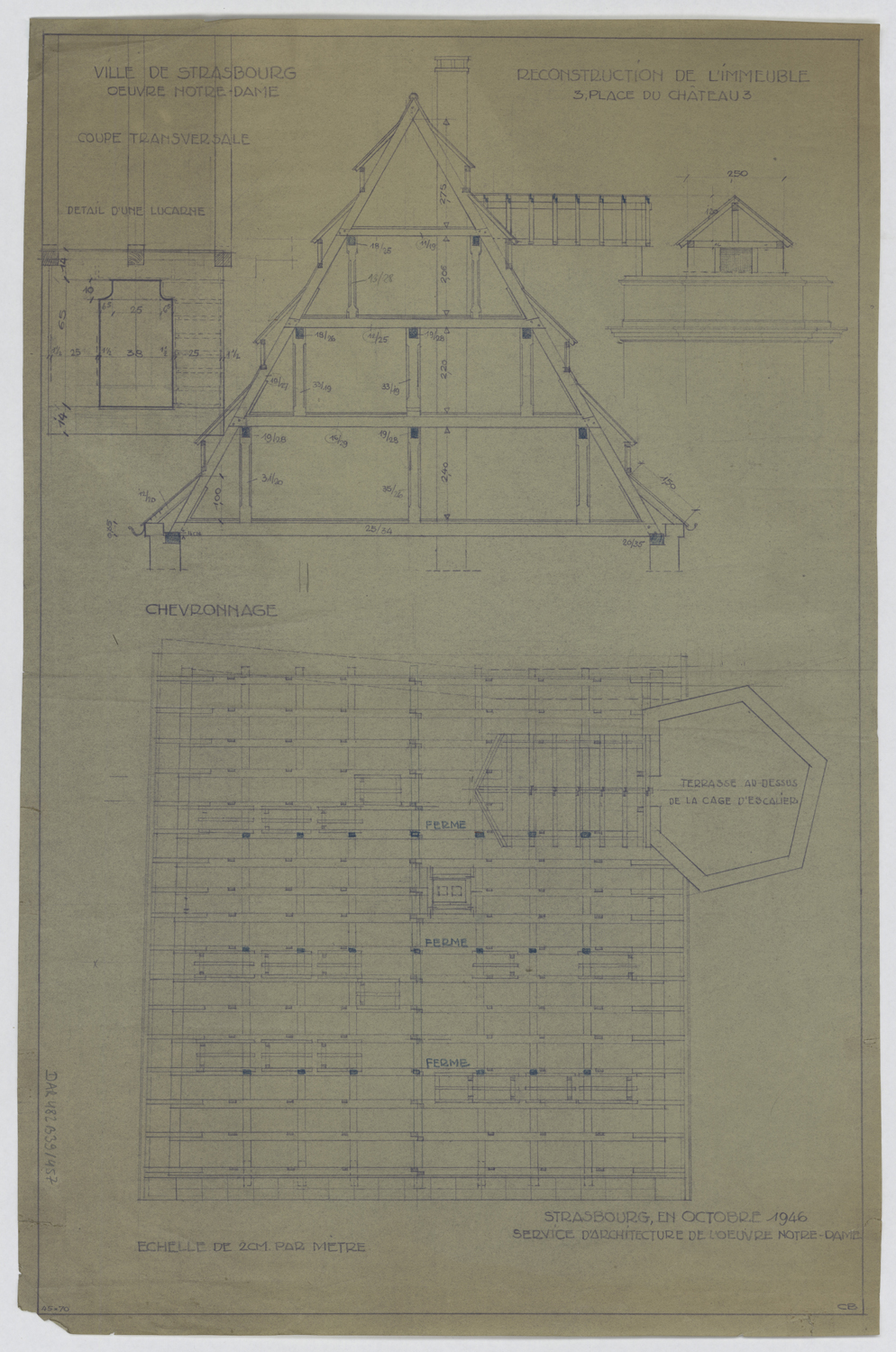 Bâtiment est, plan et coupe transversale sur la charpente, détails de la terrasse de l'escalier et de la lucarne.