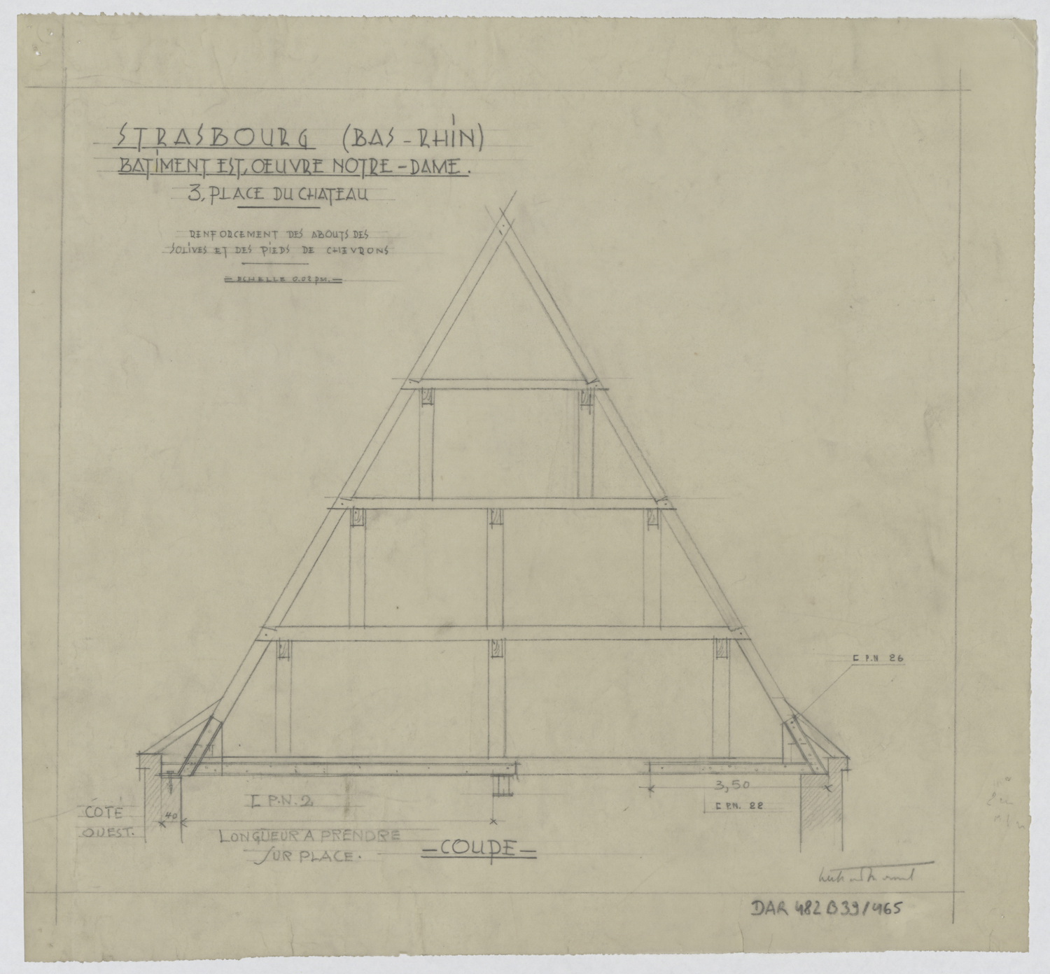 Renforcement des abouts des solives et des pieds de chevrons de la charpente du bâtiment est, coupe.