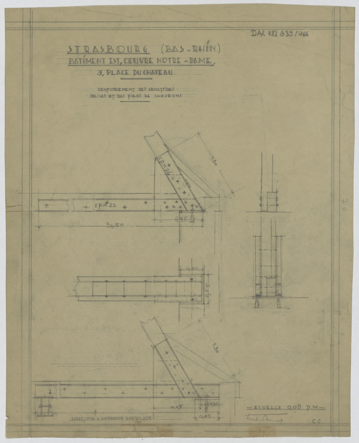 Renforcement des abouts des solives et des pieds de chevrons de la charpente du bâtiment est, détails.