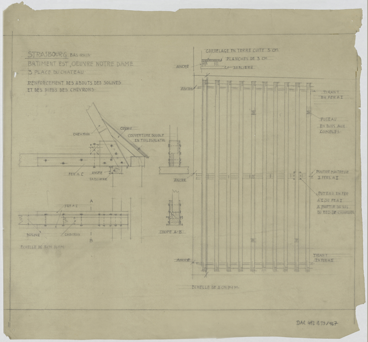 Renforcement des abouts des solives et des pieds de chevrons de la charpente du bâtiment est, plans et détails.