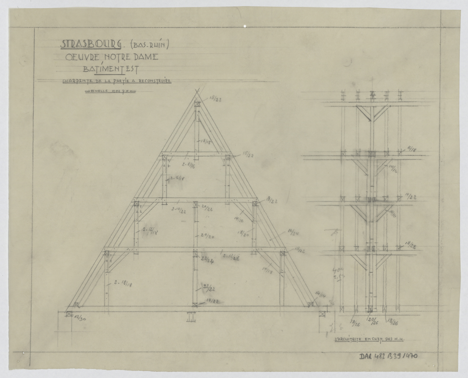 Travaux de restauration du bâtiment est, élévation et coupe sur la charpente.