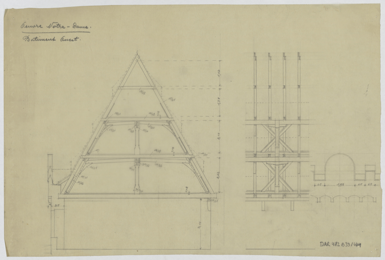 Bâtiment ouest, élévation, coupe et détail de la charpente. 