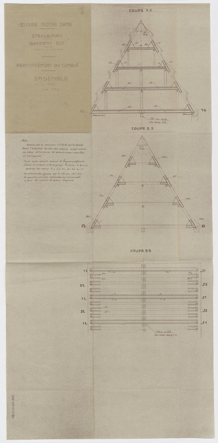 Renforcement des combles du bâtiment est, plan et coupes sur la charpente.