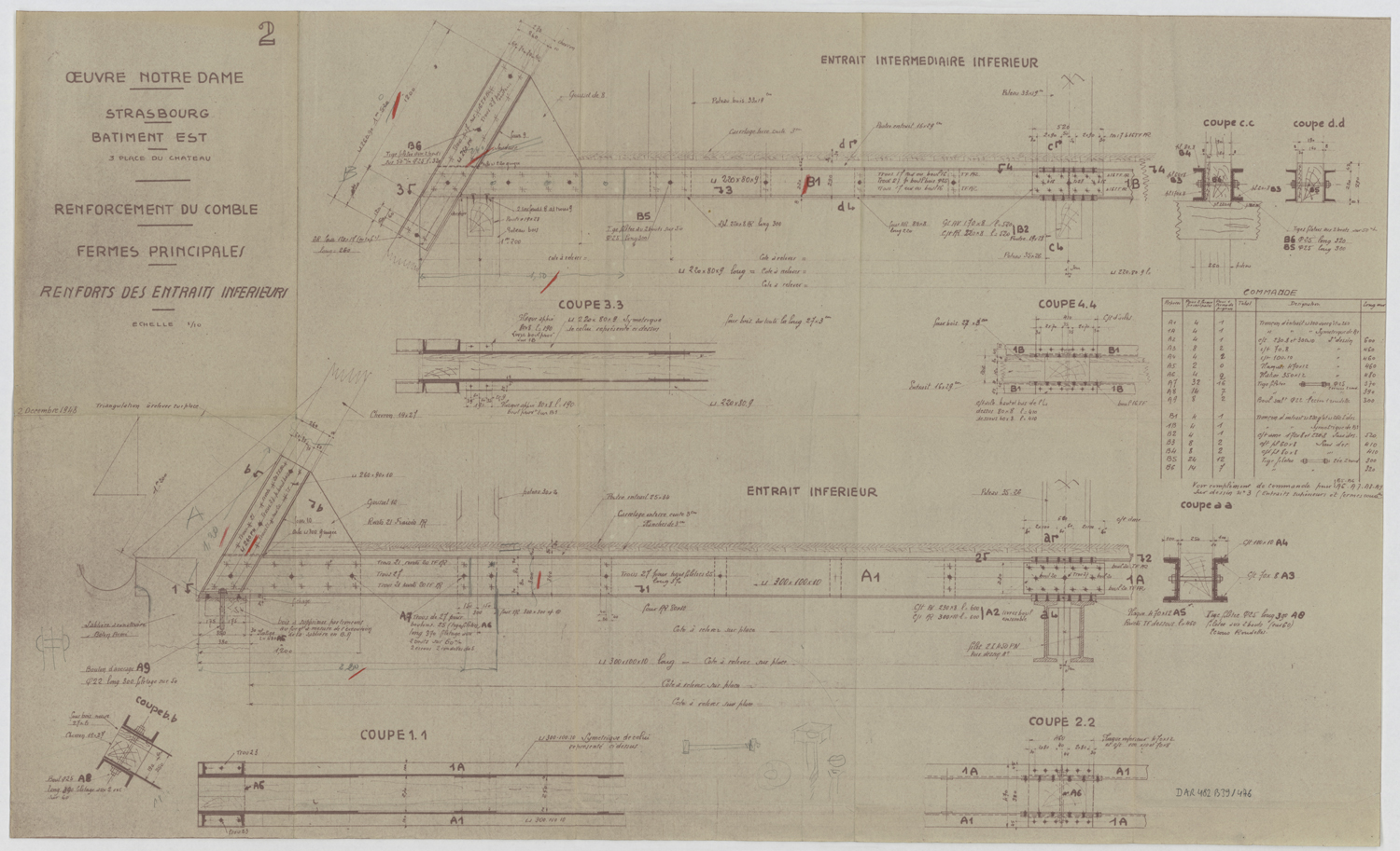 Renforcement des combles du bâtiment est, détails des fermes principales et des renforts des entraits intérieurs.