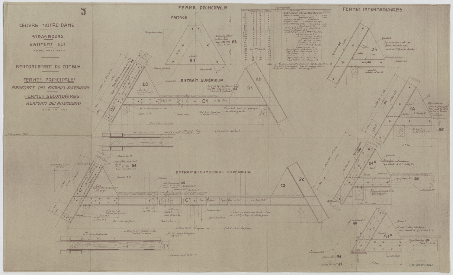 Renforcement des combles du bâtiment est, détails des fermes principales et secondaire et des renforts des entraits supérieurs et des assemblages.