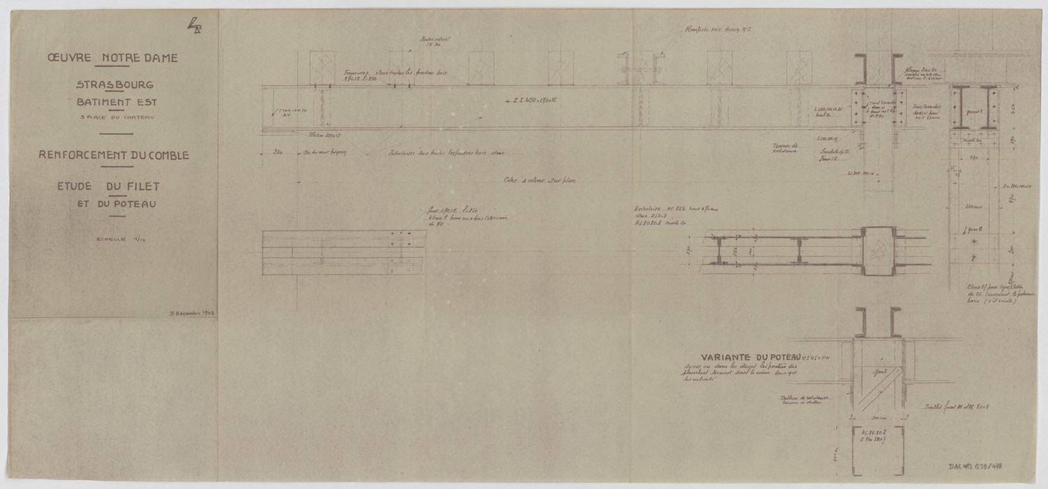 Renforcement des combles du bâtiment est, détails pour étude du filet et du poteau.