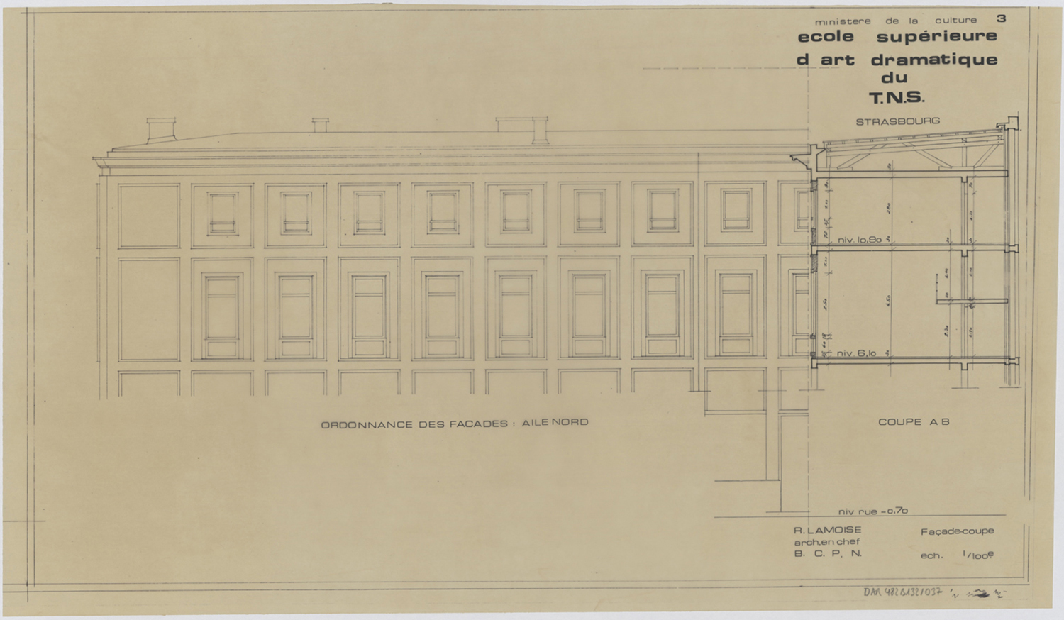 Façade nord, élévation et coupe transversale.