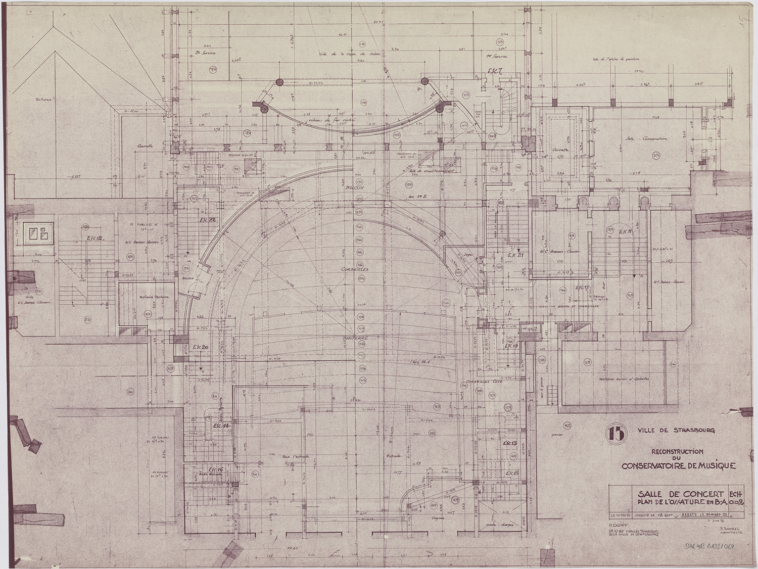 Salle de concert, plan de masse de l’ossature en béton armé.