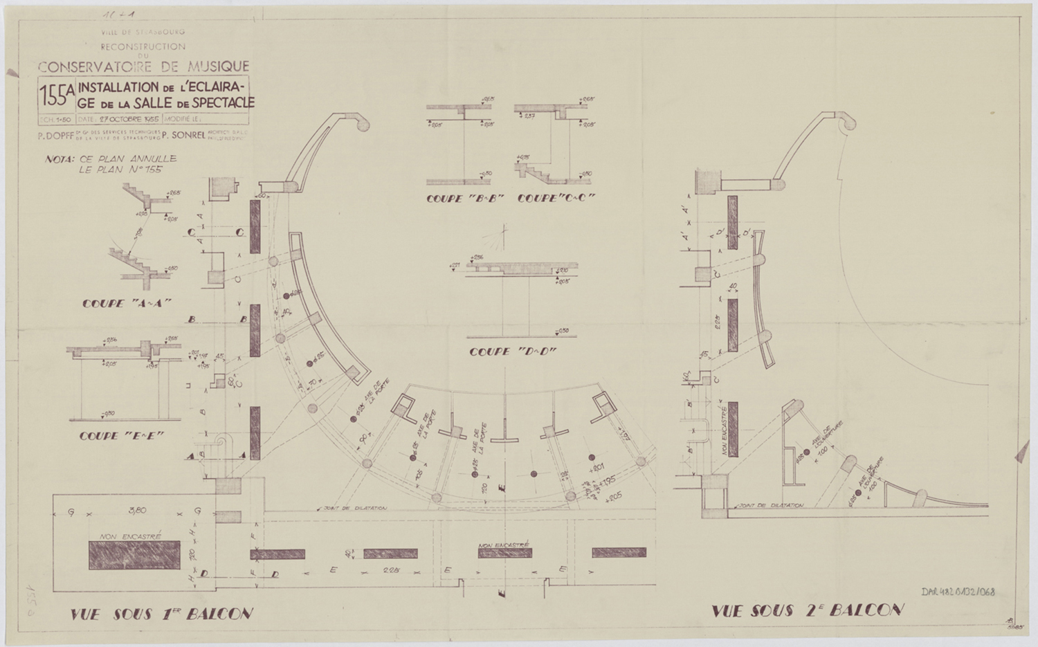 Installation de l’éclairage dans la salle de théâtre, plans, coupes et détails.