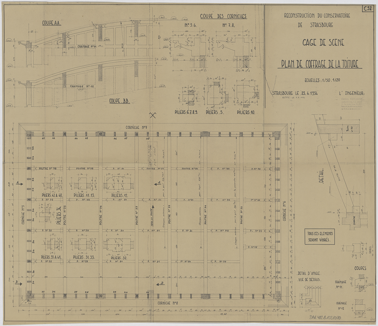 Salle de théâtre, plan, coupes et détails du coffrage de la toiture.