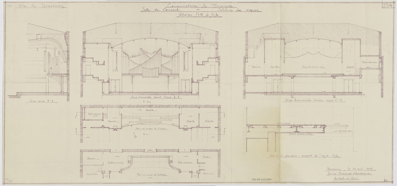 Salle de théâtre, plans, élévation et coupes de l’orgue.