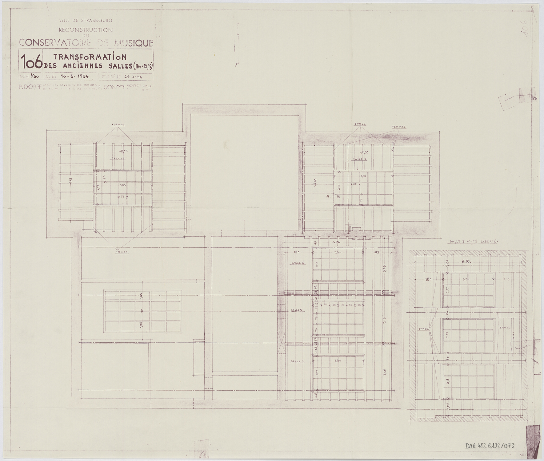 Reconstruction du conservatoire de musique, plan de transformations des anciennes salles.