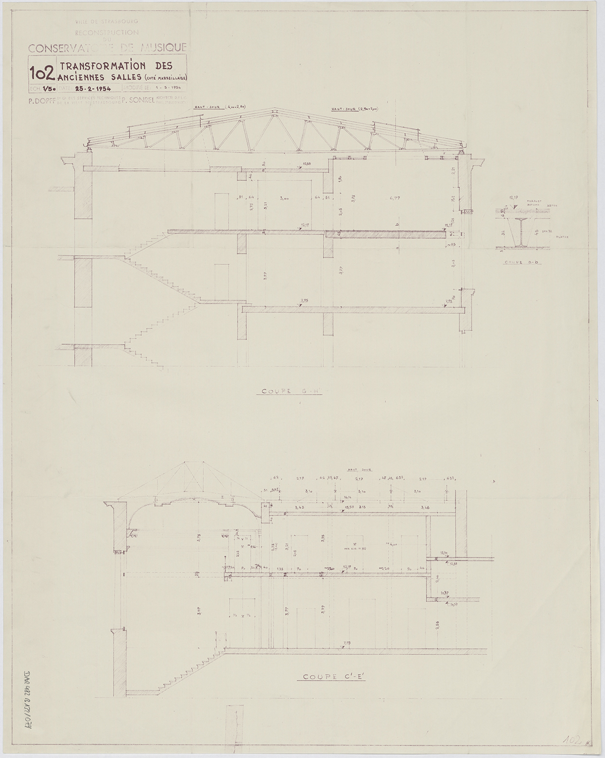 Reconstruction du conservatoire de musique et transformations des anciennes salles, coupes de l’angle sud-est.