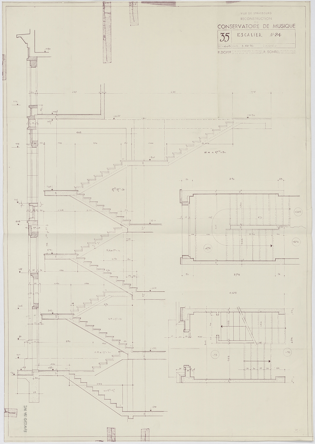 Aile nord, plans par niveau et coupe de l’escalier.