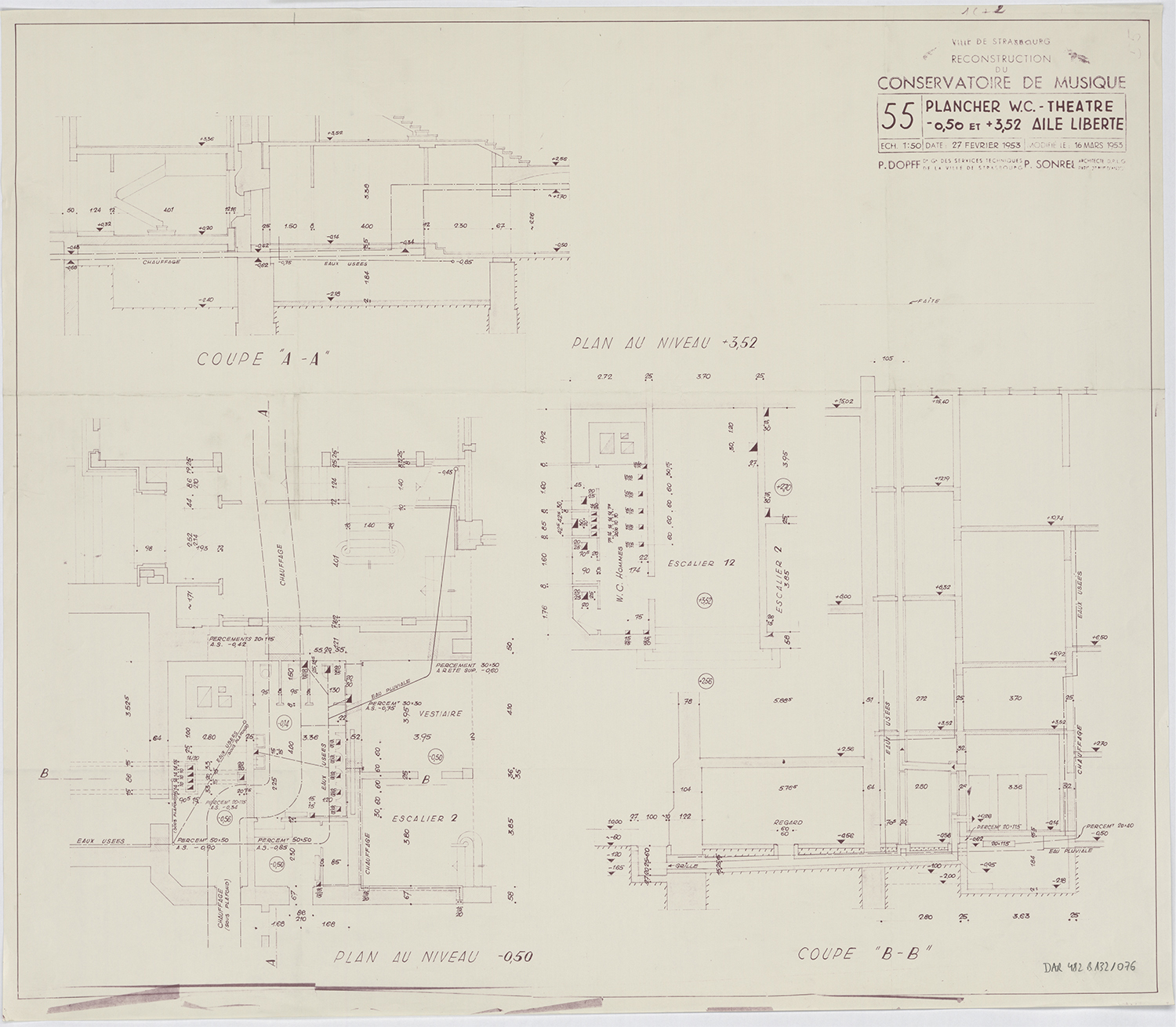 Aile nord, plans et coupes du plancher des toilettes du rez-de-chaussée.