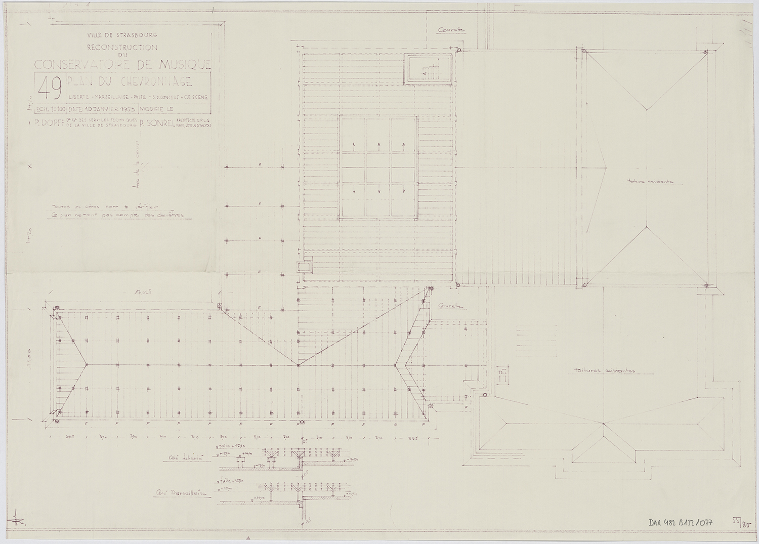 Reconstruction du conservatoire de musique, plan du chevronnage.