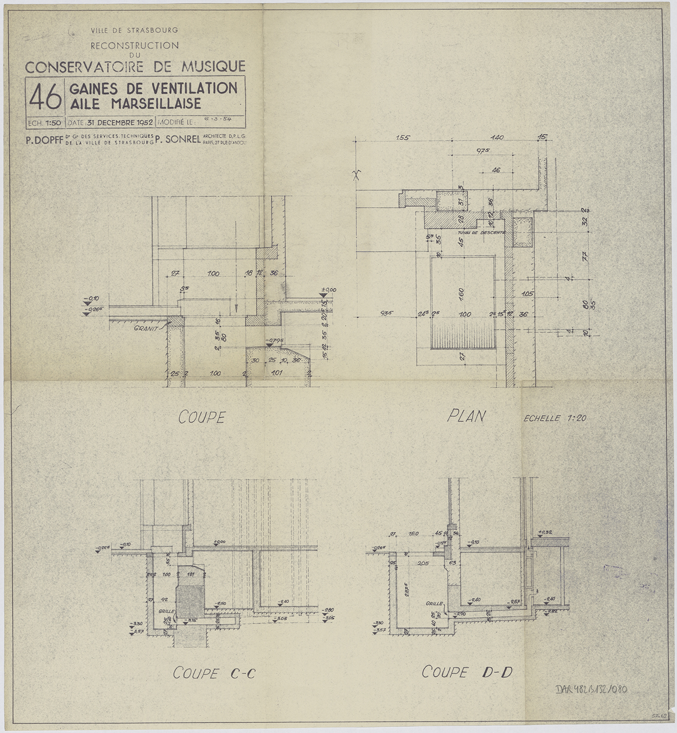 Aile sud, plan et coupes des gaines de ventilation.