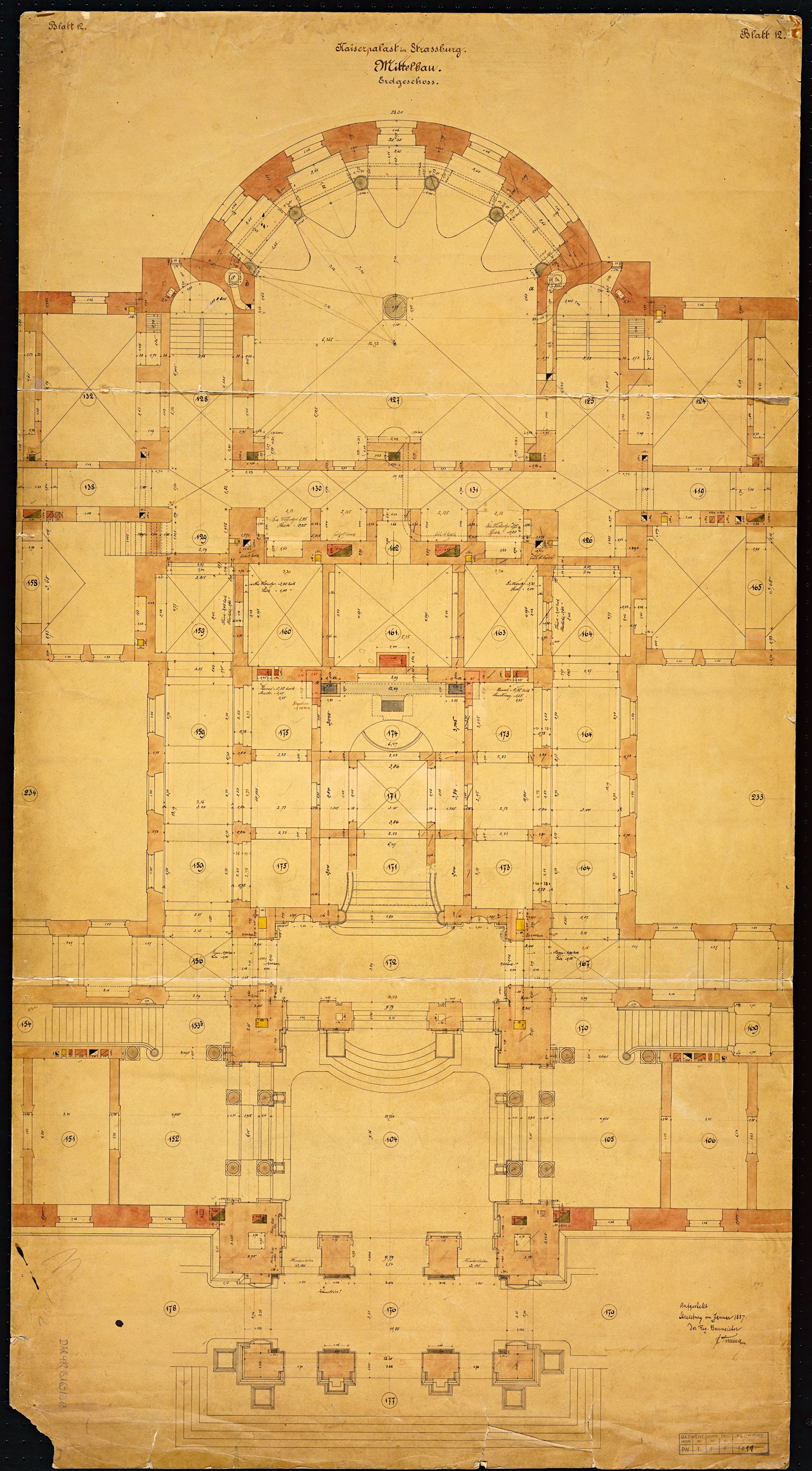 Réseau de ventilation et de chauffage, plan de masse central du rez-de chaussée.