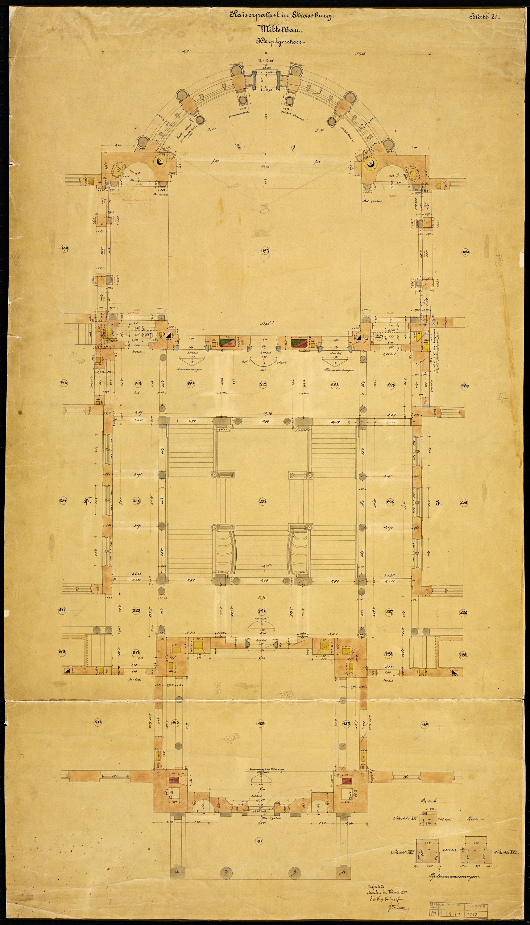 Réseau de ventilation et de chauffage, plan de masse central du premier étage.