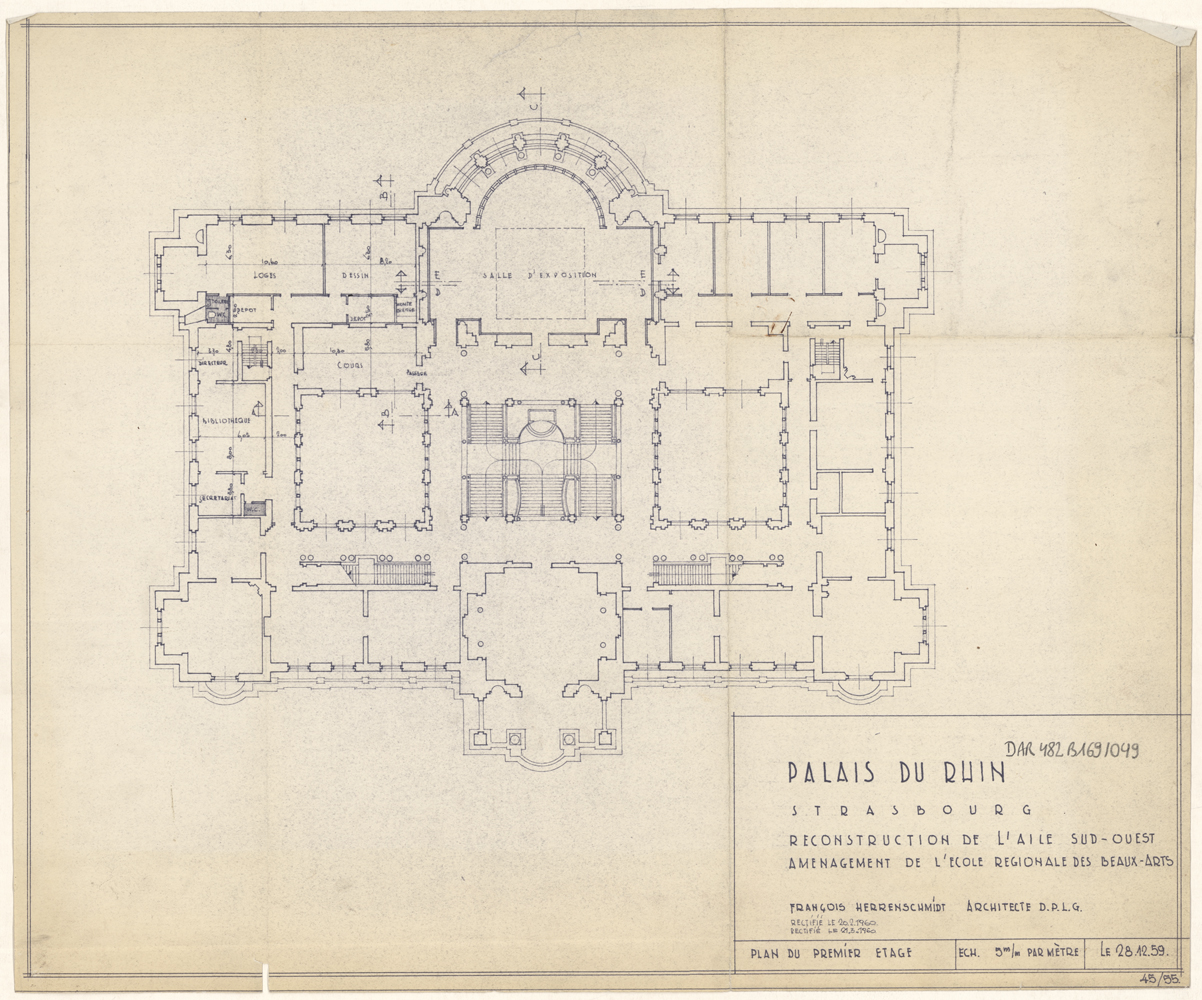 Reconstruction de l'aile sud-ouest et aménagement de l'école des Beaux-Arts, plan de masse du premier étage.