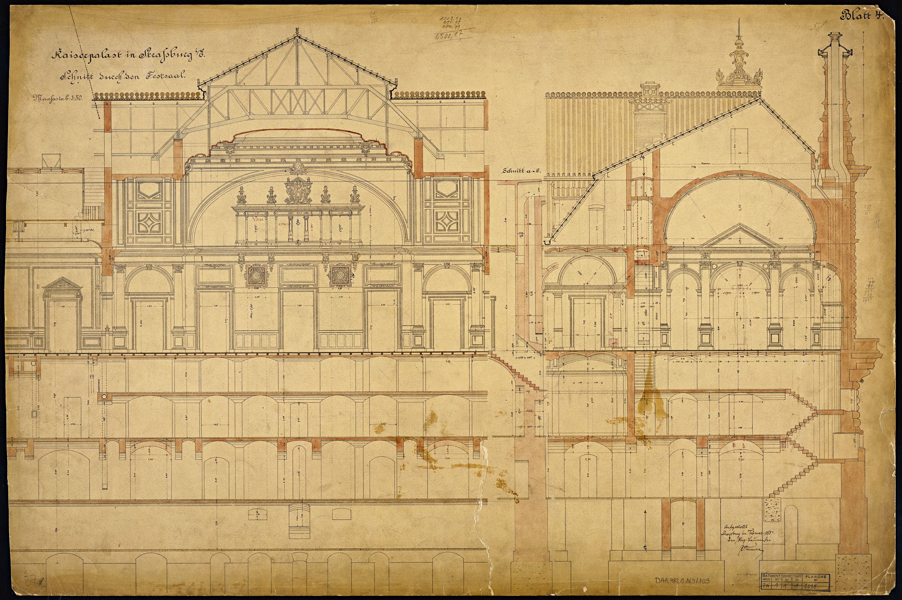 Salle des fêtes, coupes longitudinale et transversale.