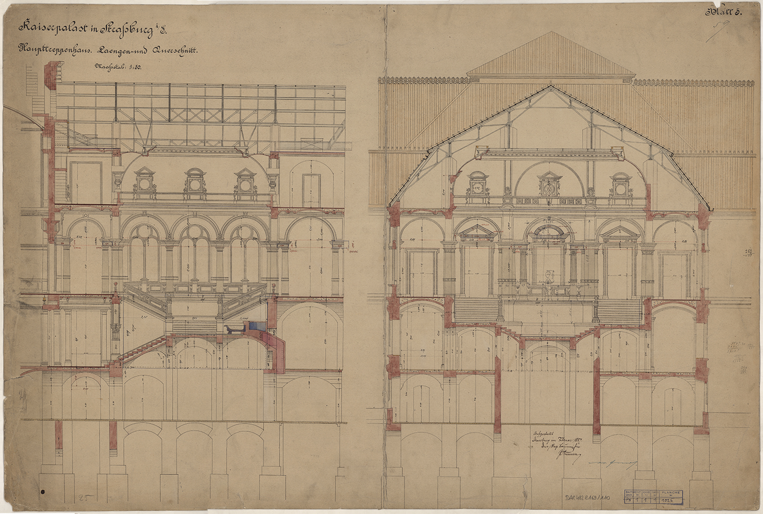 Escalier d’honneur, coupes longitudinale et transversale.