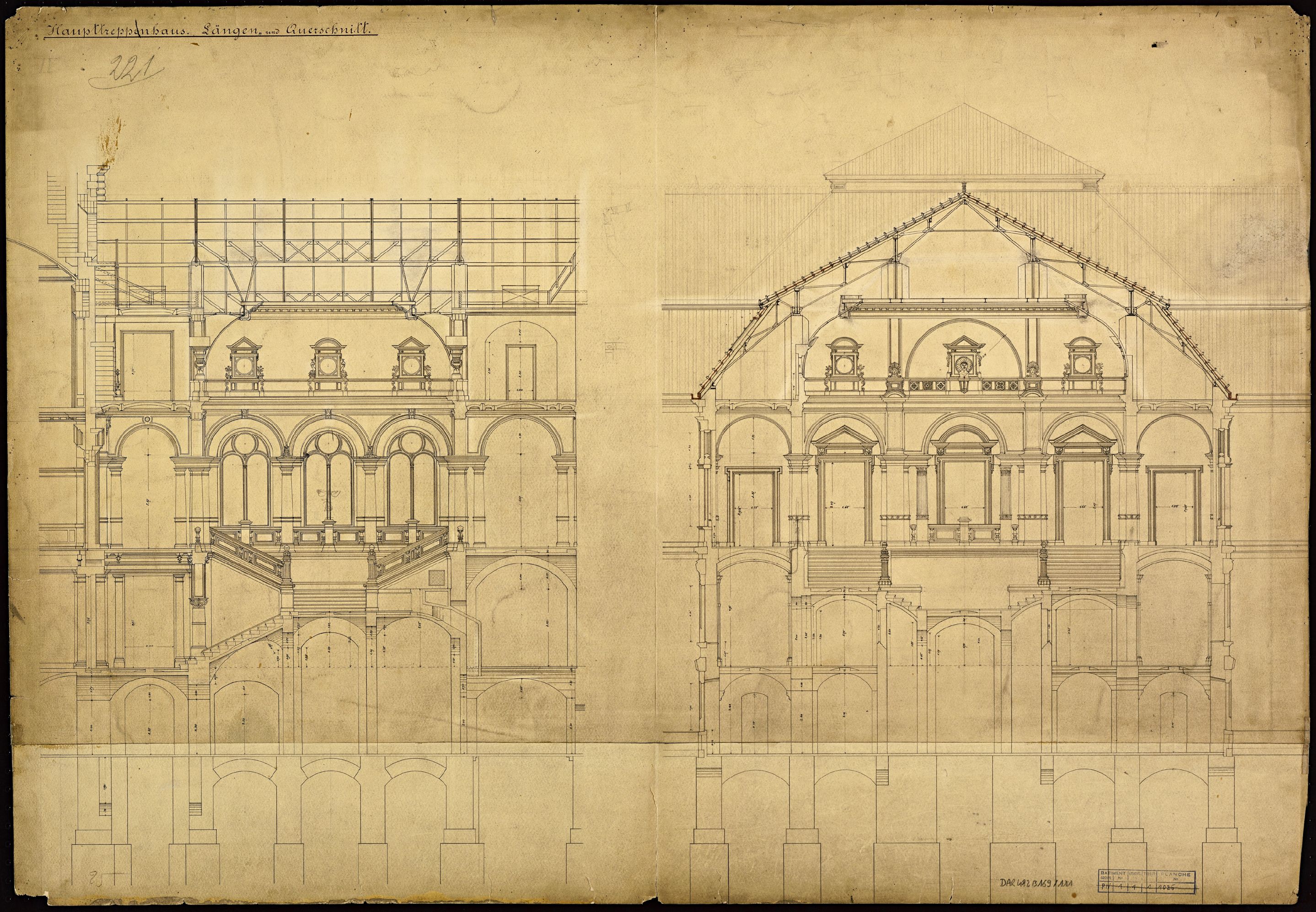 Escalier d’honneur, coupes longitudinale et transversale.