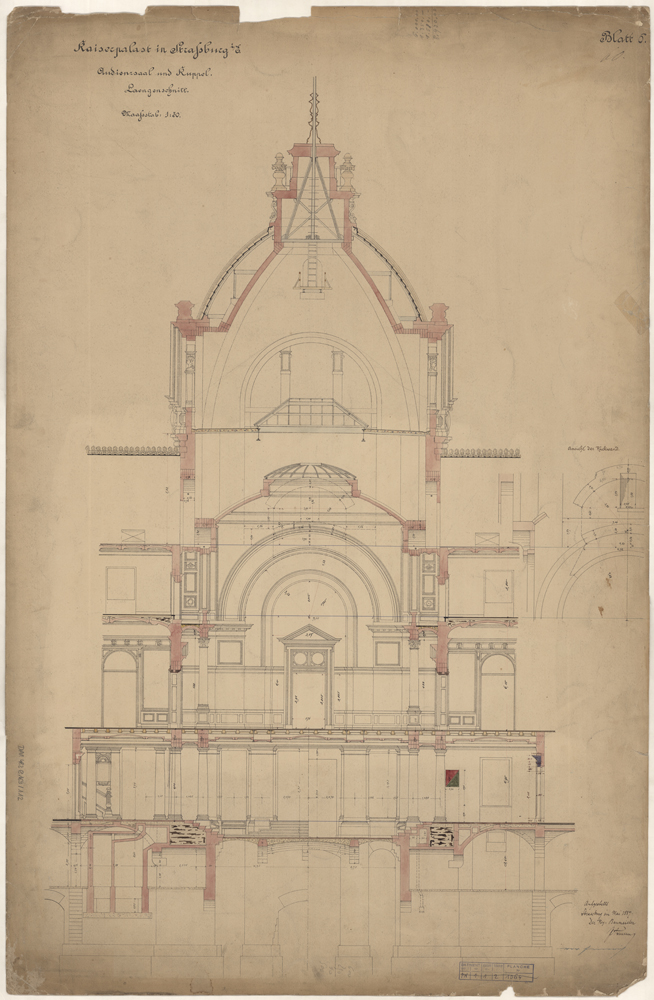 Salle d’audience et coupole, coupe longitudinale.