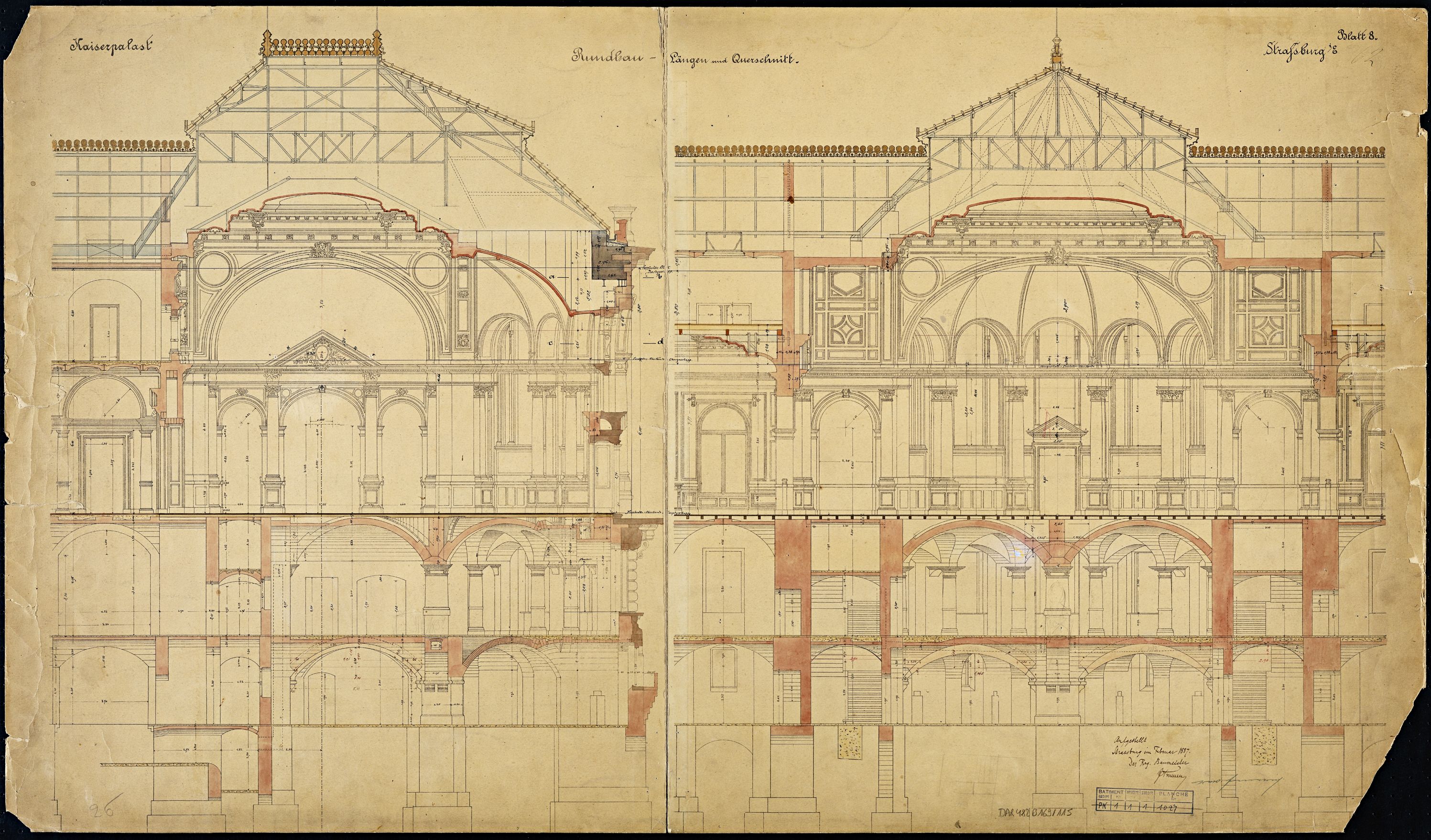 Salle des fêtes, coupes transversale et longitudinale.