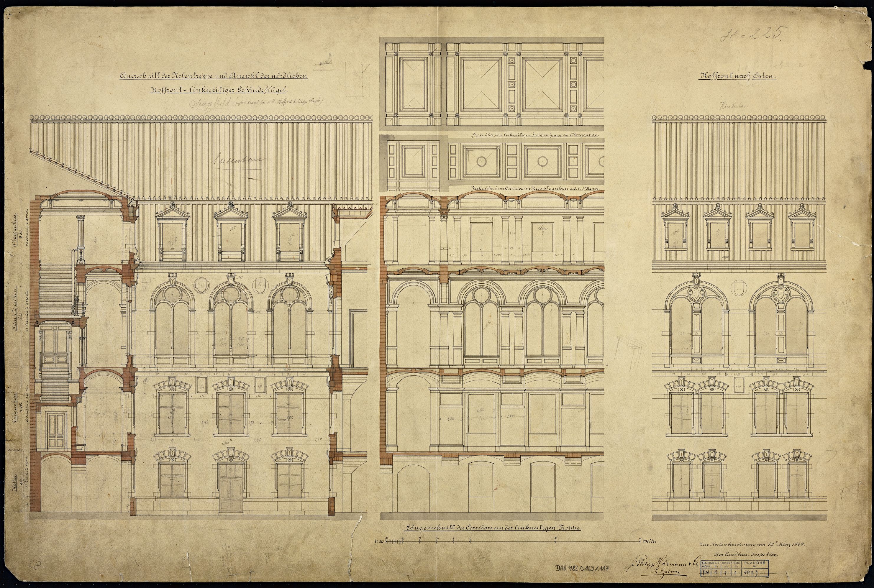 Aile sud, coupes transversale et longitudinale, élévation de la façade de la cour est.