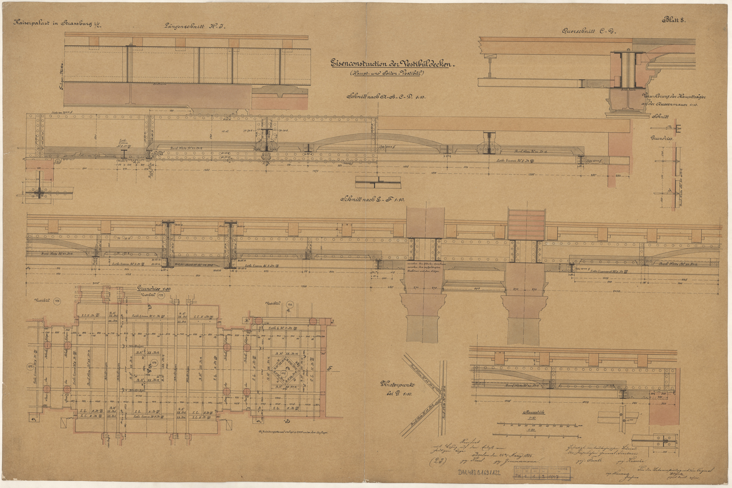 Charpente métallique, plan de masse, coupes et détails du hall d’entrée et des vestibules latéraux.