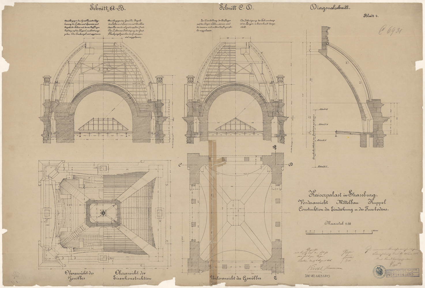 Salle d’audience, plans de masse et coupes de la coupole, des planchers et de la couverture métallique.