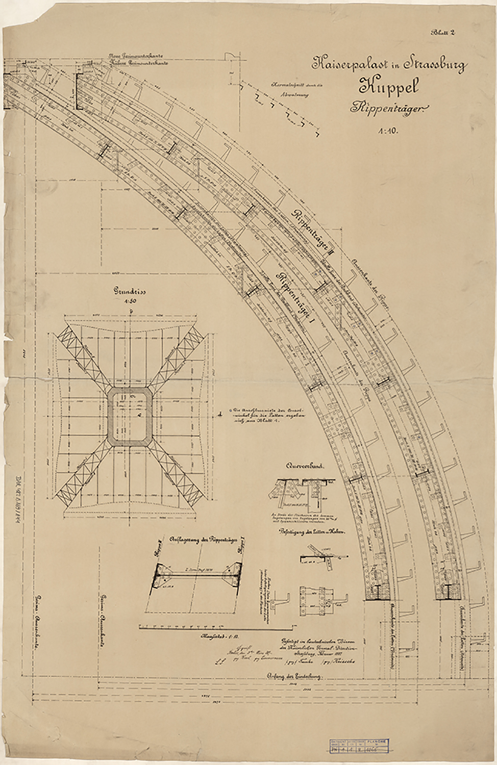 Salle d’audience, plans de masse, coupes, détails de la charpente métallique de la coupole.