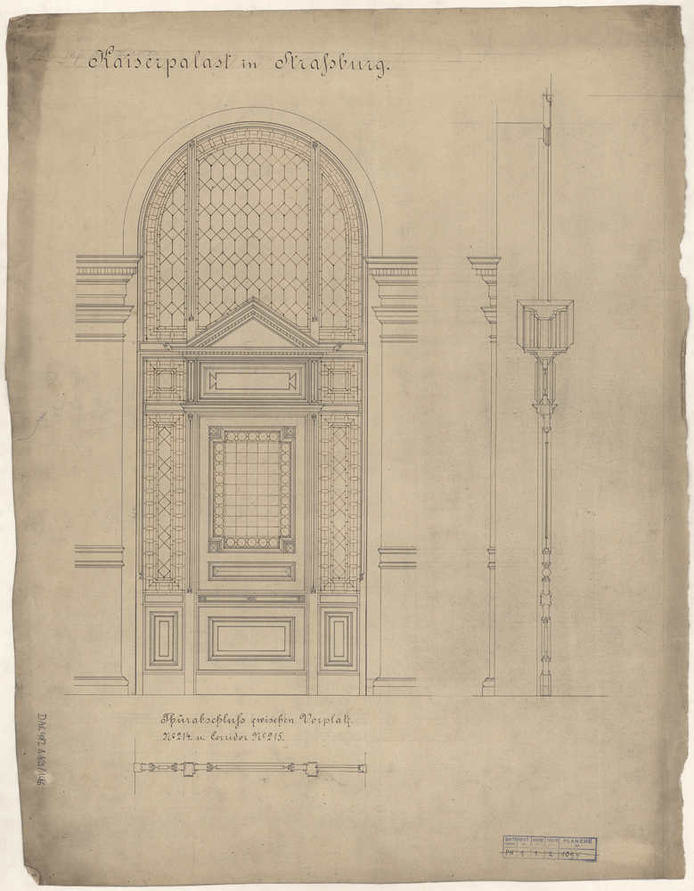 Porte du premier étage, plan, élévation et coupe.