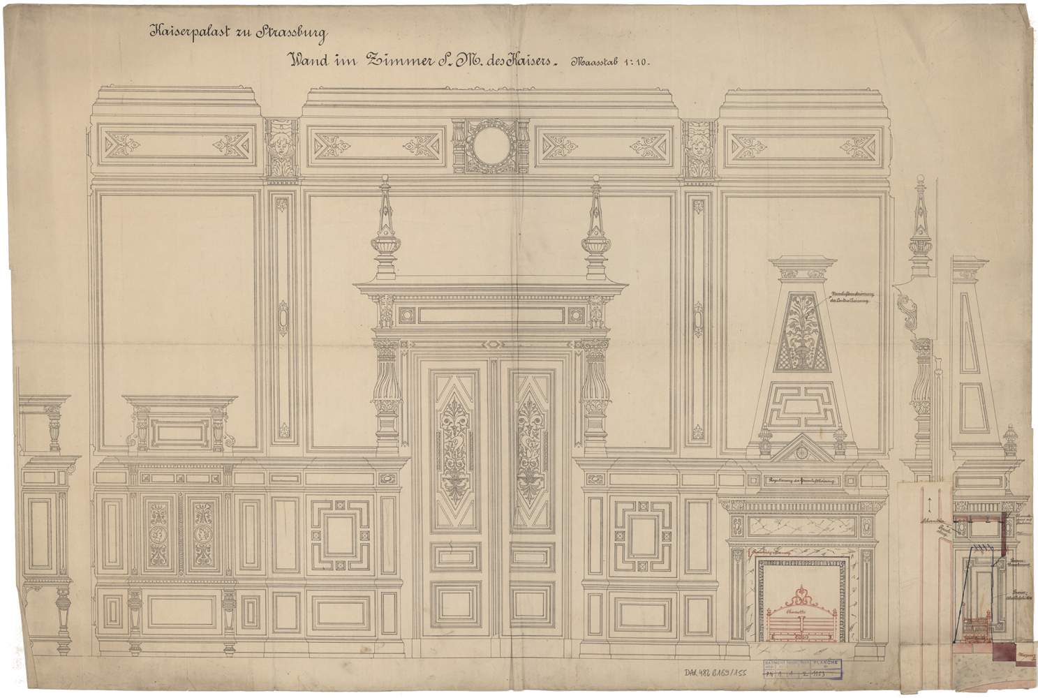 Salon de l’empereur, élévations et coupe des boiseries du mur sud.