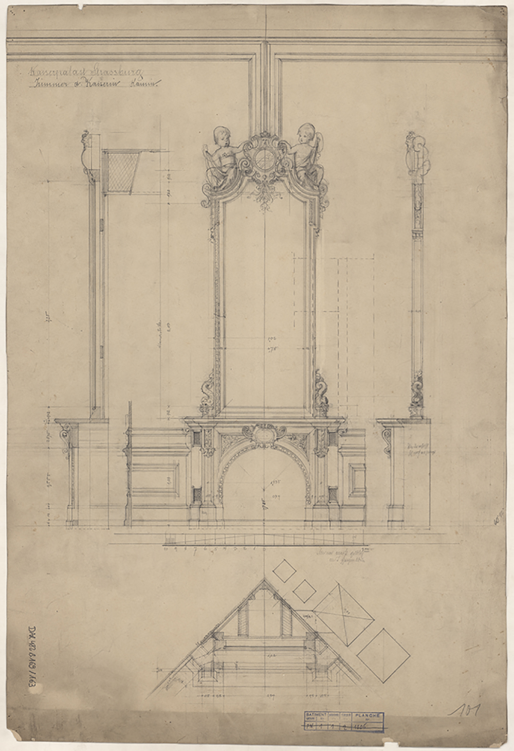 Salon de l’impératrice, plan, élévation, coupes de la cheminée.